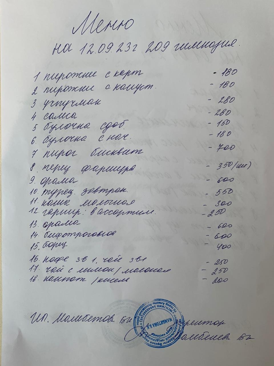 Меню платного буфетного питания 12.09.2023