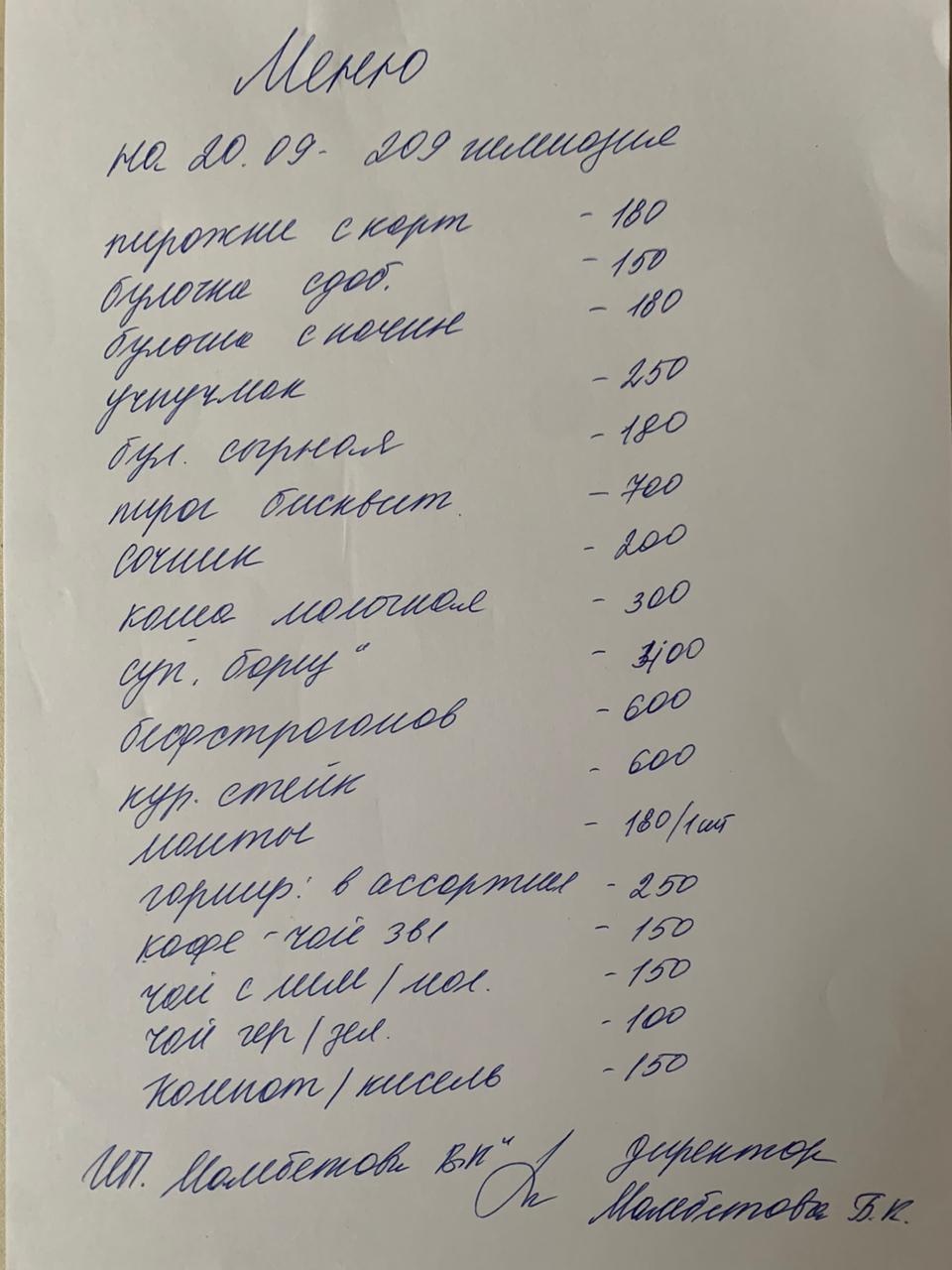 Меню платного буфетного питания 20.09.2023