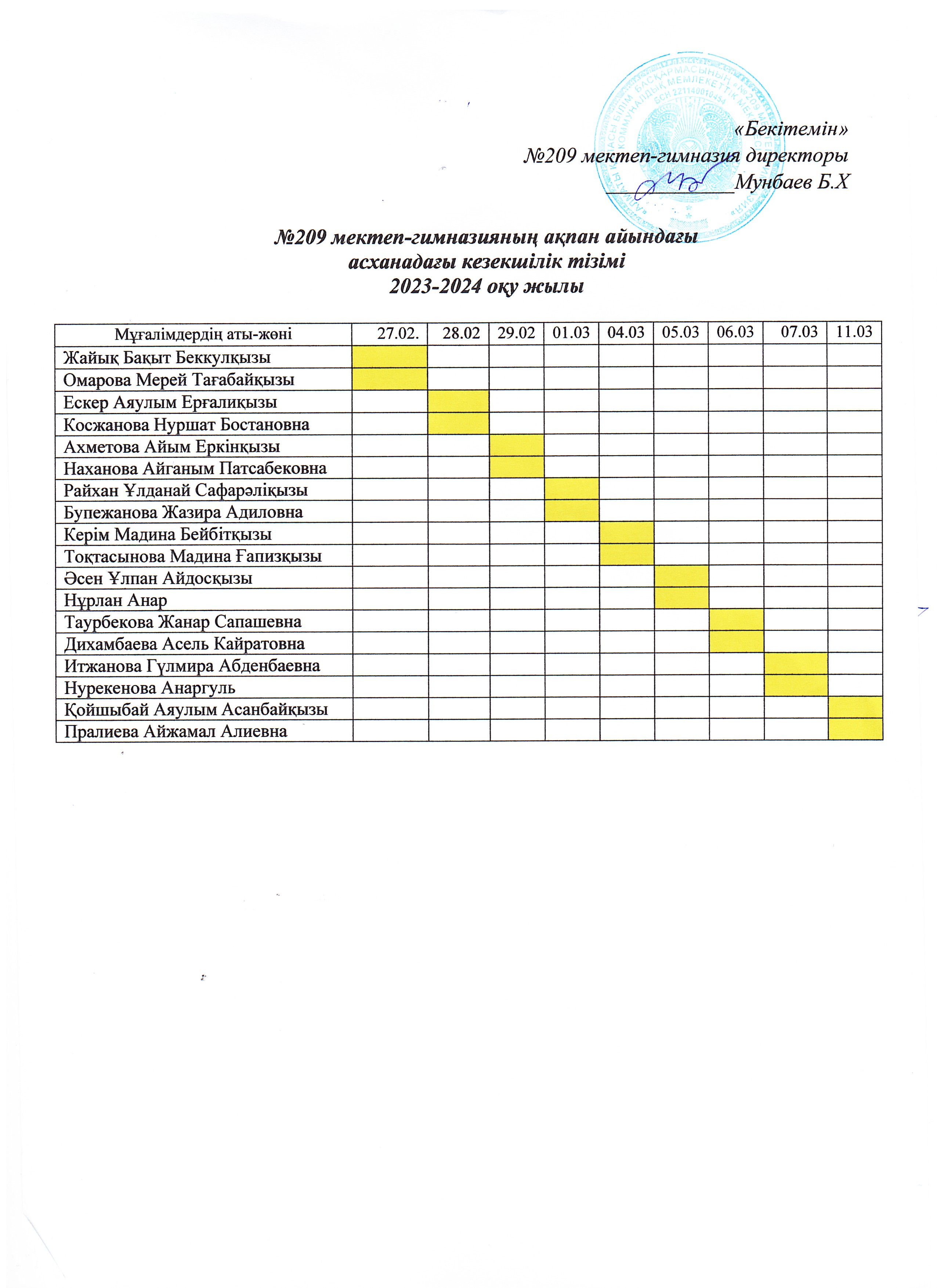 Мұғалімдердің кезекшілік кестесі - 2024 ж.