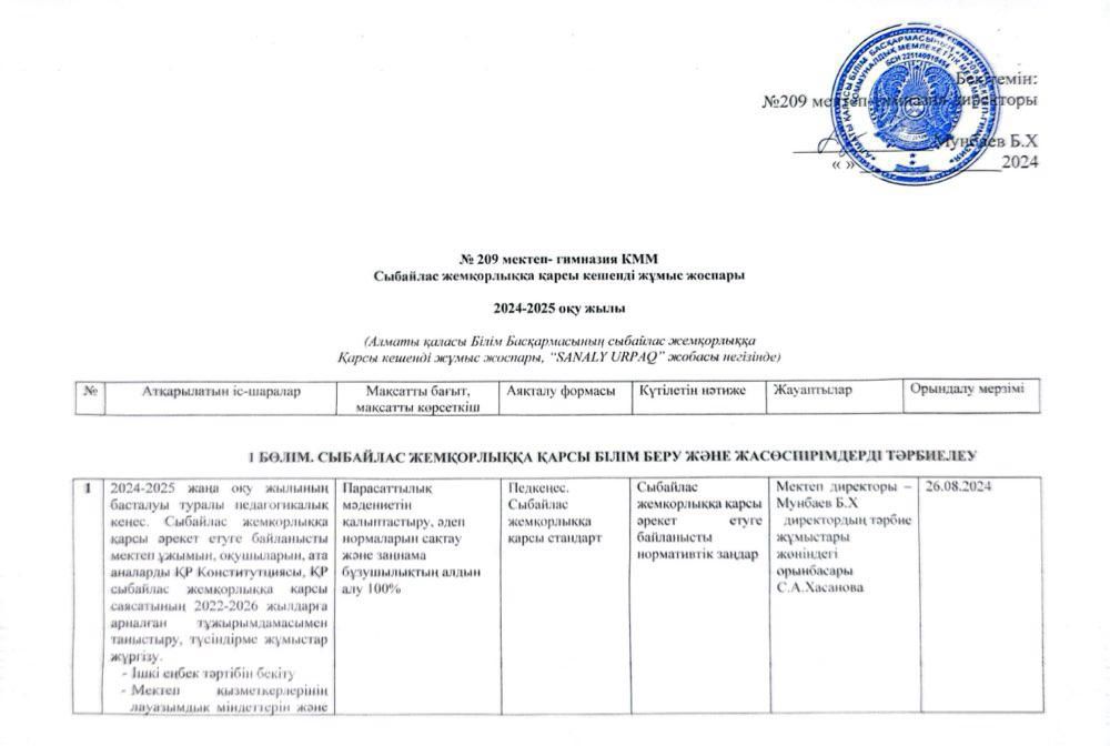 Сыбайлас жемқорлыққа қарсы кешенді жұмыс жоспары