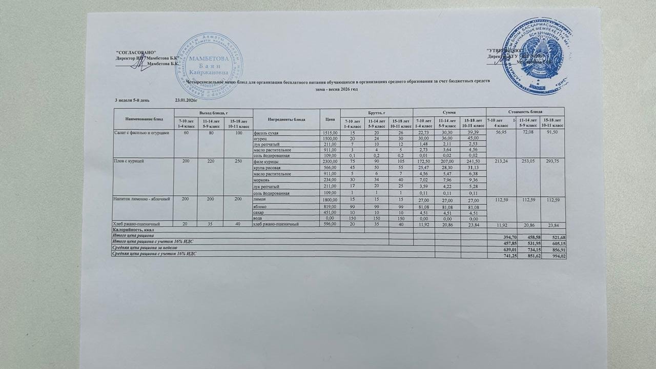Меню 23.01.2026ж.