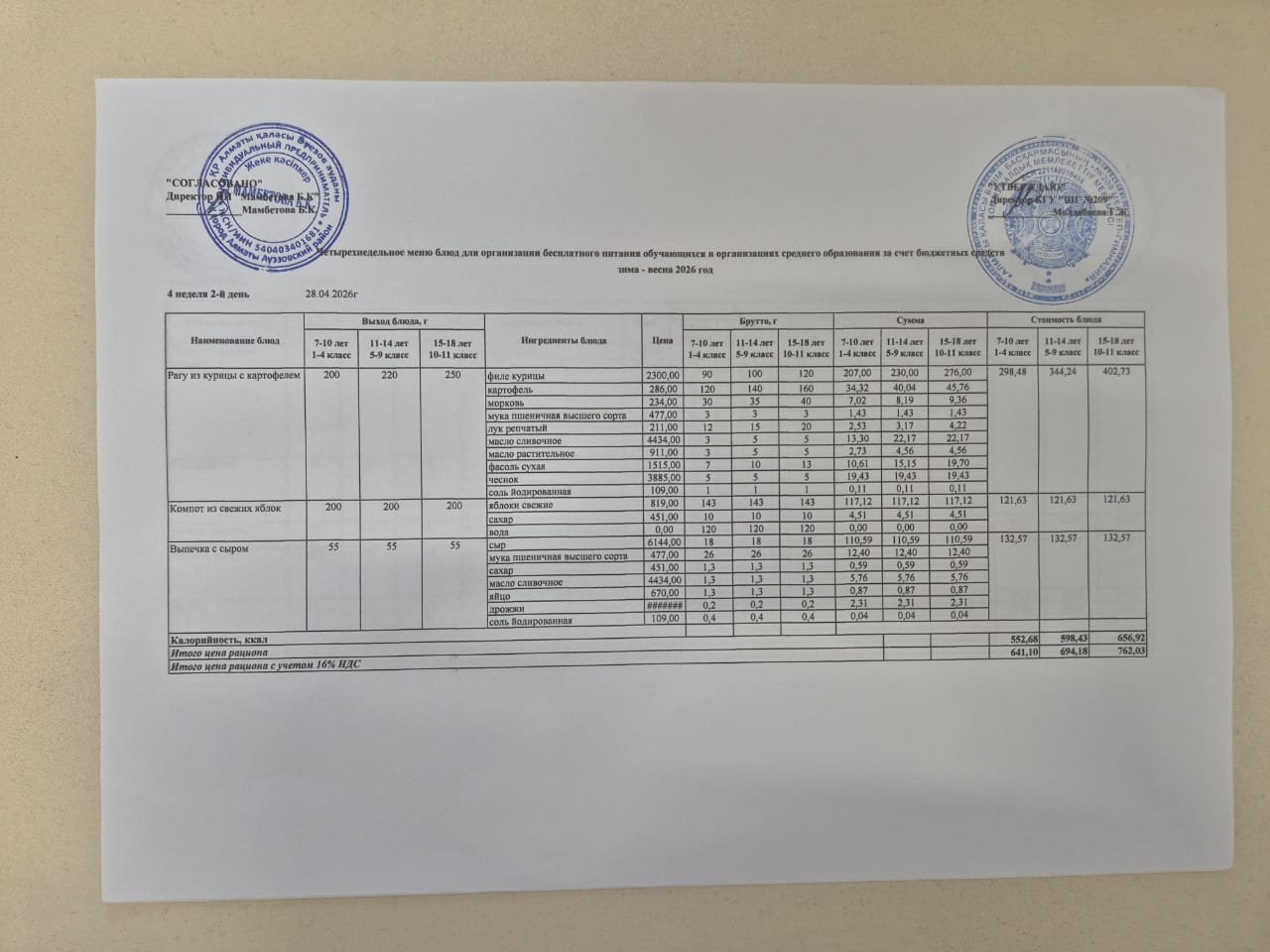 Меню 28.04.2026