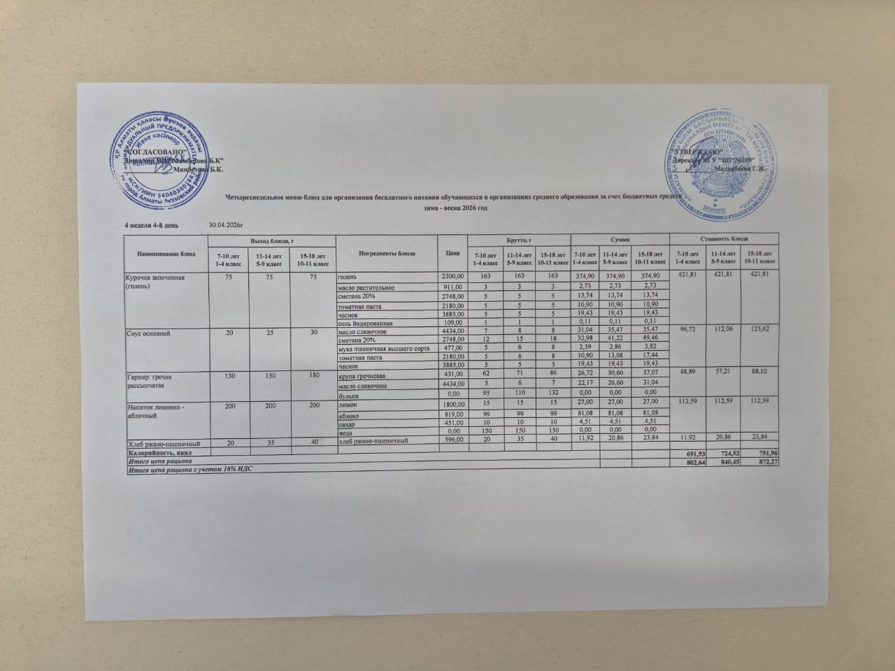 Меню 30.04.2026